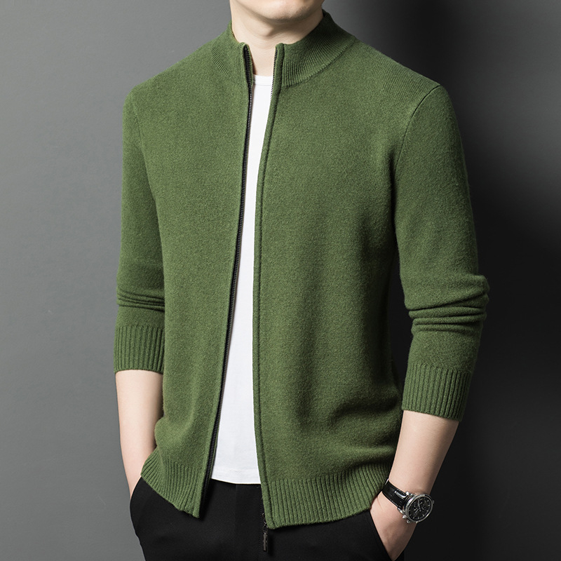 2024 Toamna și iarna nouă bărbați Casual Business lână pură cu fermoar guler stand culoare pură Cardigan jachetă pulover bărbați la modă