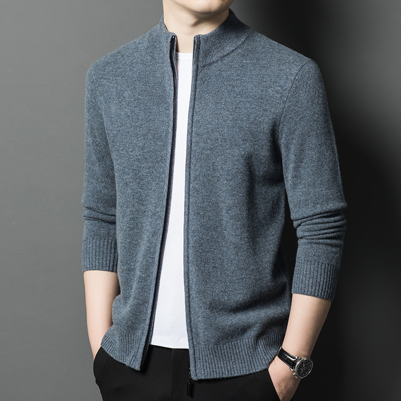 2024 Toamna și iarna nouă bărbați Casual Business lână pură cu fermoar guler stand culoare pură Cardigan jachetă pulover bărbați la modă