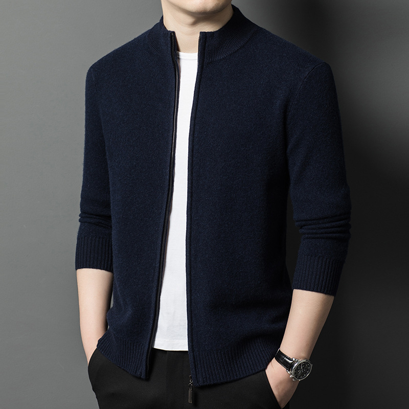 2024 Toamna și iarna nouă bărbați Casual Business lână pură cu fermoar guler stand culoare pură Cardigan jachetă pulover bărbați la modă