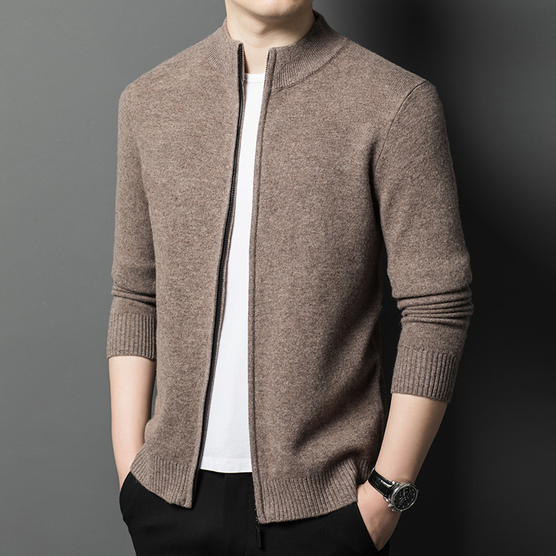 2024 Toamna și iarna nouă bărbați Casual Business lână pură cu fermoar guler stand culoare pură Cardigan jachetă pulover bărbați la modă