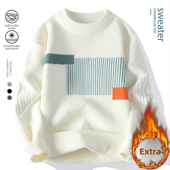 Japán stílusú kontrasztos színű férfi pulóver, új, kerek nyakú, férfi divatmárka, hongkongi stílusú, divatos, gyapjúbéléssel ellátott, vastagított férfi pulóver