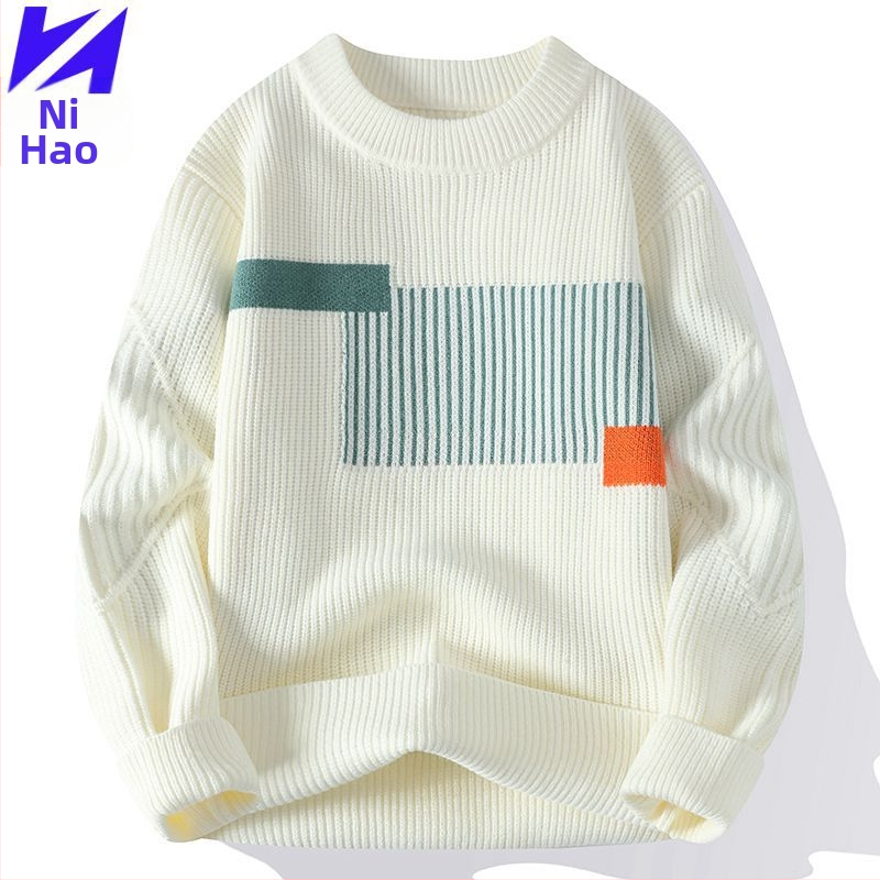 Japán stílusú kontrasztos színű férfi pulóver, új, kerek nyakú, férfi divatmárka, hongkongi stílusú, divatos, gyapjúbéléssel ellátott, vastagított férfi pulóver