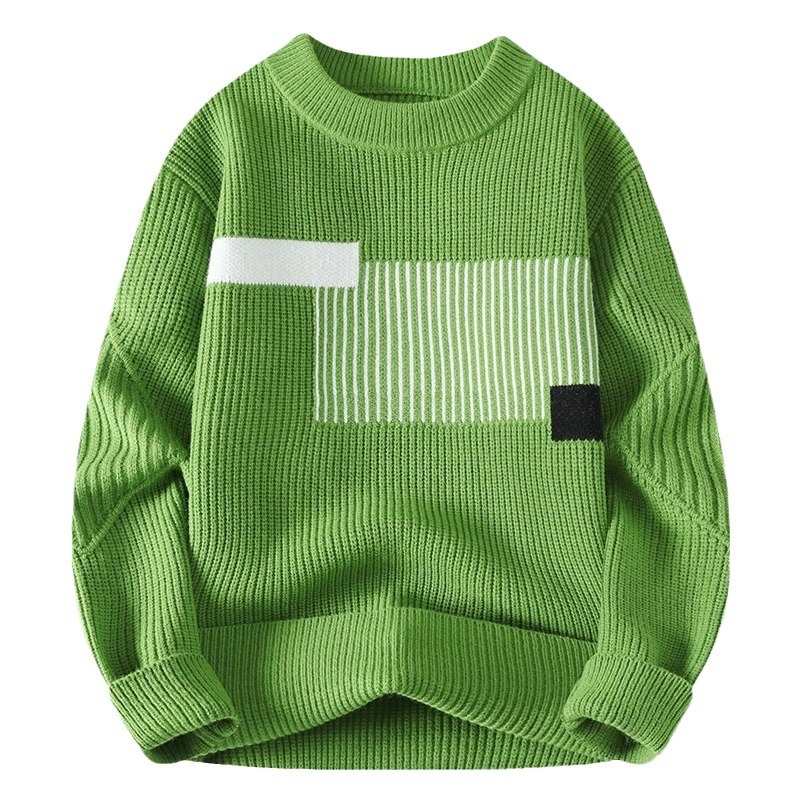 Japán stílusú kontrasztos színű férfi pulóver, új, kerek nyakú, férfi divatmárka, hongkongi stílusú, divatos, gyapjúbéléssel ellátott, vastagított férfi pulóver
