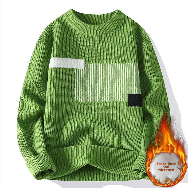 Japán stílusú kontrasztos színű férfi pulóver, új, kerek nyakú, férfi divatmárka, hongkongi stílusú, divatos, gyapjúbéléssel ellátott, vastagított férfi pulóver