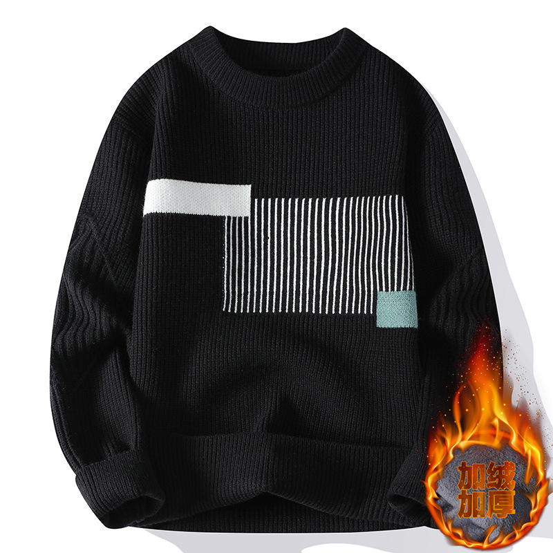 Japán stílusú kontrasztos színű férfi pulóver, új, kerek nyakú, férfi divatmárka, hongkongi stílusú, divatos, gyapjúbéléssel ellátott, vastagított férfi pulóver