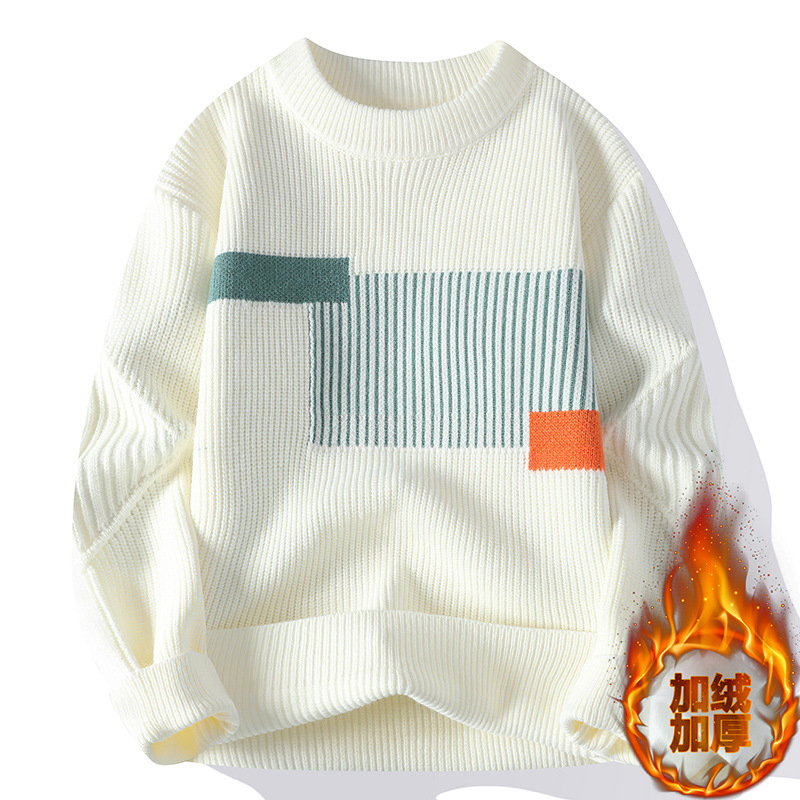 Japán stílusú kontrasztos színű férfi pulóver, új, kerek nyakú, férfi divatmárka, hongkongi stílusú, divatos, gyapjúbéléssel ellátott, vastagított férfi pulóver
