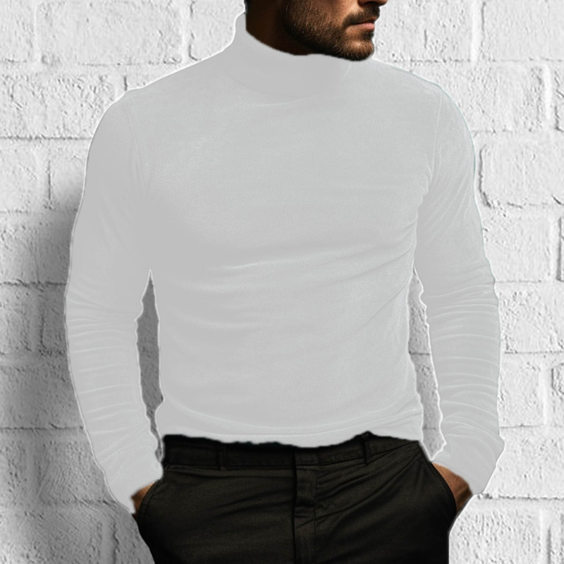 Tricou transfrontalier cu mânecă lungă, culoare solidă, strâmt, pentru bărbați europeni și americani, toamna și iarna, comerț exterior, cămașă cu guler înalt întoarsă din piele întoarsă