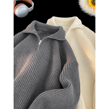 Pulover cu fermoar pe jumătate de culoare solidă americană pentru bărbați, toamna și iarna, stil retro lejer, all-match, pulover, jachetă pentru cupluri