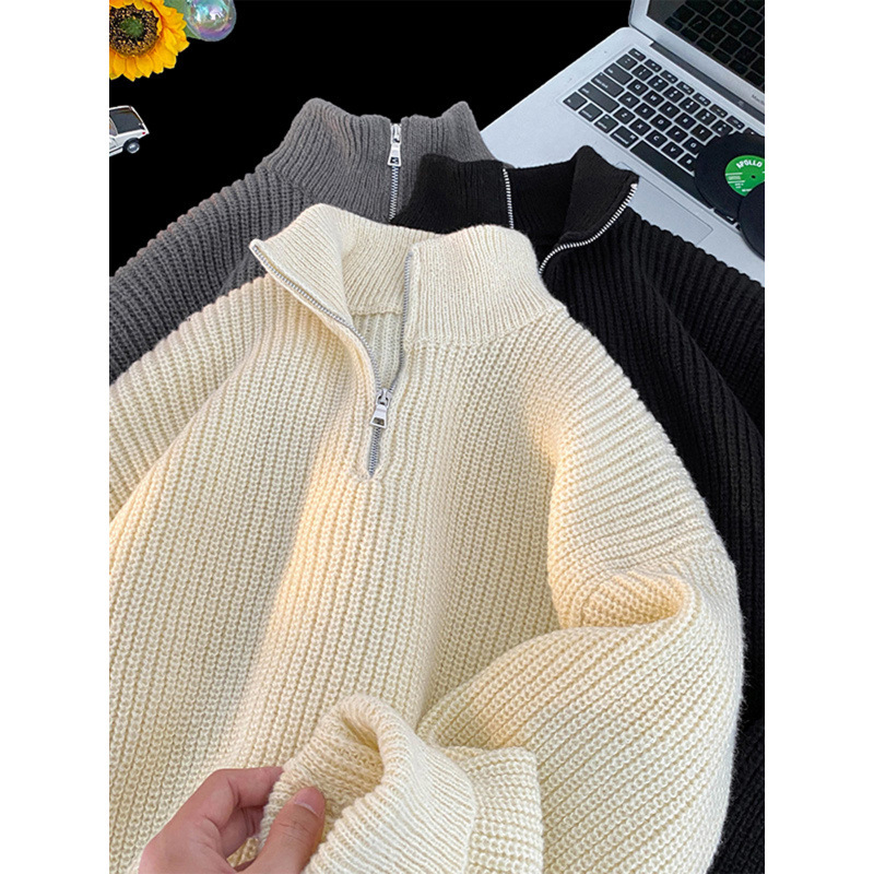 Pulover cu fermoar pe jumătate de culoare solidă americană pentru bărbați, toamna și iarna, stil retro lejer, all-match, pulover, jachetă pentru cupluri