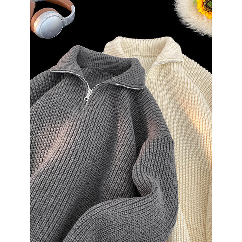 Pulover cu fermoar pe jumătate de culoare solidă americană pentru bărbați, toamna și iarna, stil retro lejer, all-match, pulover, jachetă pentru cupluri