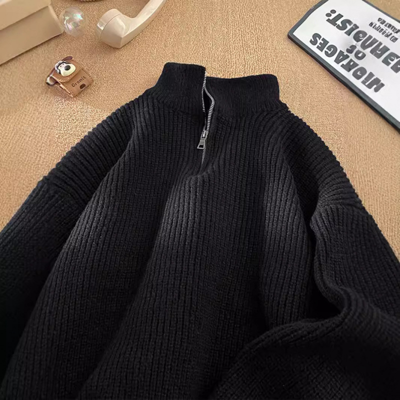 Pulover cu fermoar pe jumătate de culoare solidă americană pentru bărbați, toamna și iarna, stil retro lejer, all-match, pulover, jachetă pentru cupluri