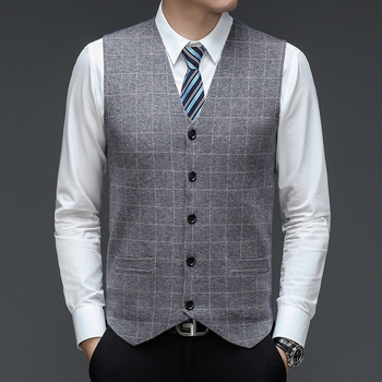 Madingas vyriškas kostiumas V formos iškirptės liemenė megzta sagų jaunikio pabrolio liemenė plonas languotas liemenė verslo biuro kostiumas