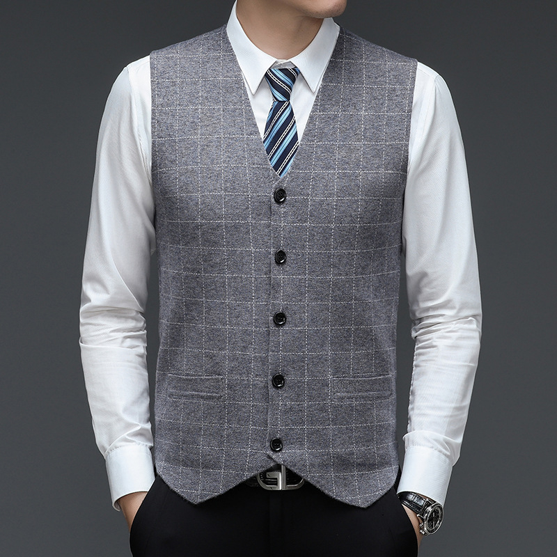 Madingas vyriškas kostiumas V formos iškirptės liemenė megzta sagų jaunikio pabrolio liemenė plonas languotas liemenė verslo biuro kostiumas