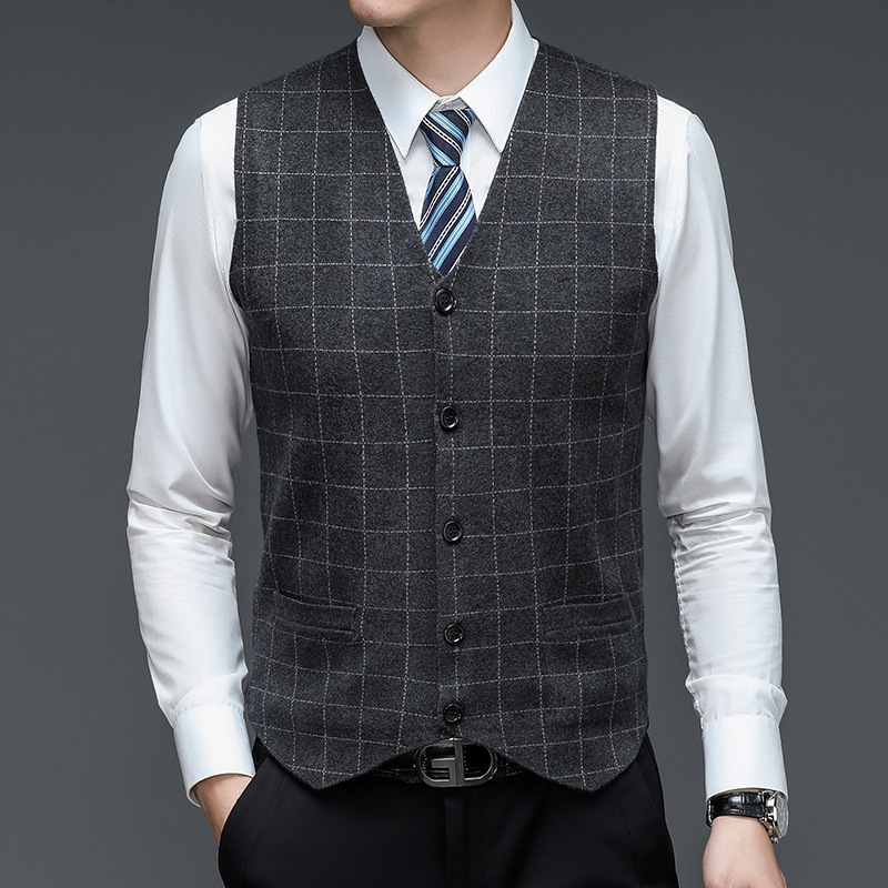 Madingas vyriškas kostiumas V formos iškirptės liemenė megzta sagų jaunikio pabrolio liemenė plonas languotas liemenė verslo biuro kostiumas