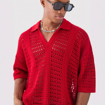 Eiropas un Amerikas pārrobežu dobu sietu tekstūras adīts īsroku polo krekls vīriešu pavasara un vasaras vieglais nobrieduša stila krekls