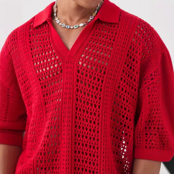 Eiropas un Amerikas pārrobežu dobu sietu tekstūras adīts īsroku polo krekls vīriešu pavasara un vasaras vieglais nobrieduša stila krekls