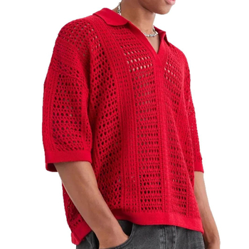 Eiropas un Amerikas pārrobežu dobu sietu tekstūras adīts īsroku polo krekls vīriešu pavasara un vasaras vieglais nobrieduša stila krekls