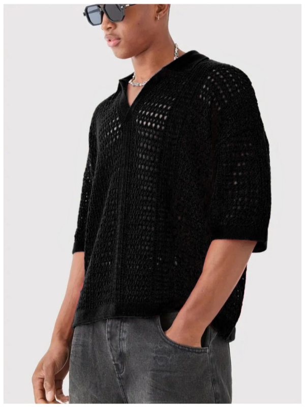 Eiropas un Amerikas pārrobežu dobu sietu tekstūras adīts īsroku polo krekls vīriešu pavasara un vasaras vieglais nobrieduša stila krekls