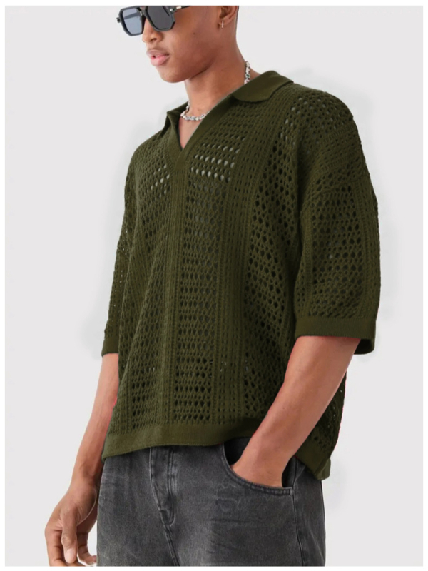 Eiropas un Amerikas pārrobežu dobu sietu tekstūras adīts īsroku polo krekls vīriešu pavasara un vasaras vieglais nobrieduša stila krekls