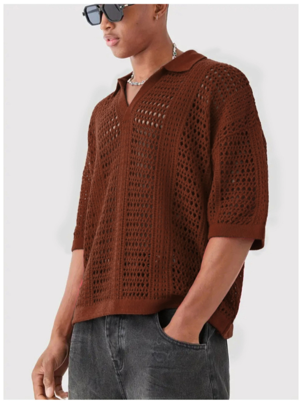 Eiropas un Amerikas pārrobežu dobu sietu tekstūras adīts īsroku polo krekls vīriešu pavasara un vasaras vieglais nobrieduša stila krekls