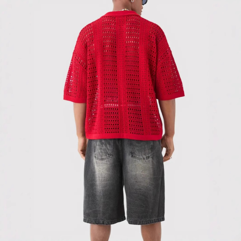 Vyriški pavasario ir vasaros lengvo stiliaus brandaus stiliaus polo marškinėliai su Europos ir Amerikos sienų apdaila, megzti trumpomis rankovėmis.