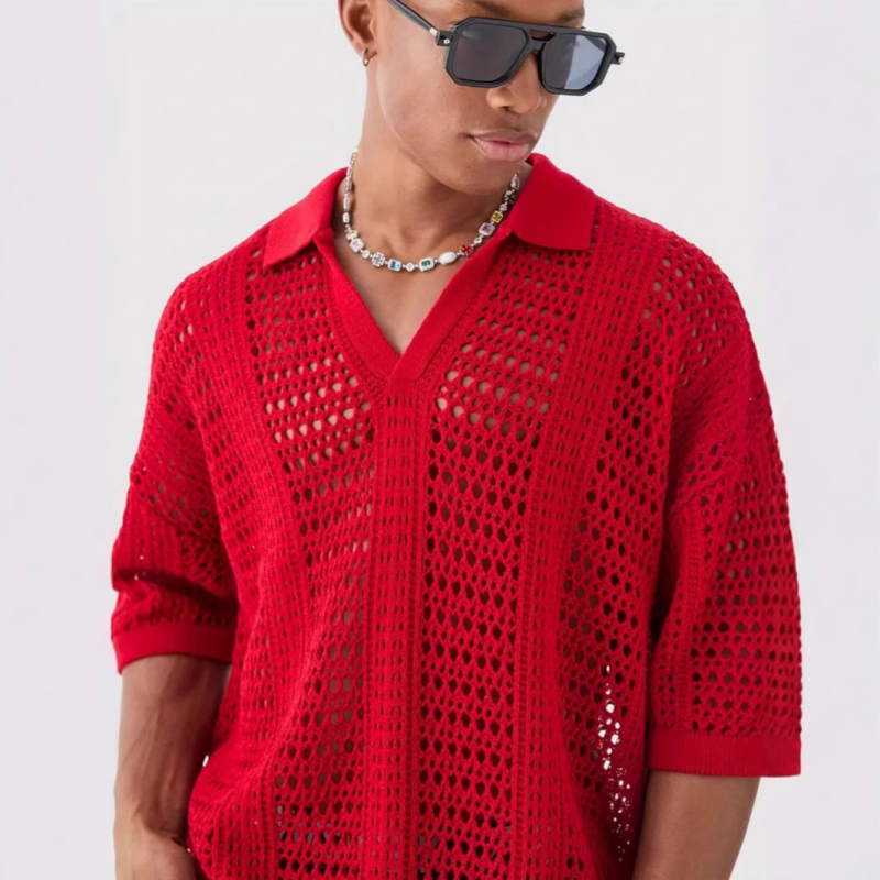 Vyriški pavasario ir vasaros lengvo stiliaus brandaus stiliaus polo marškinėliai su Europos ir Amerikos sienų apdaila, megzti trumpomis rankovėmis.