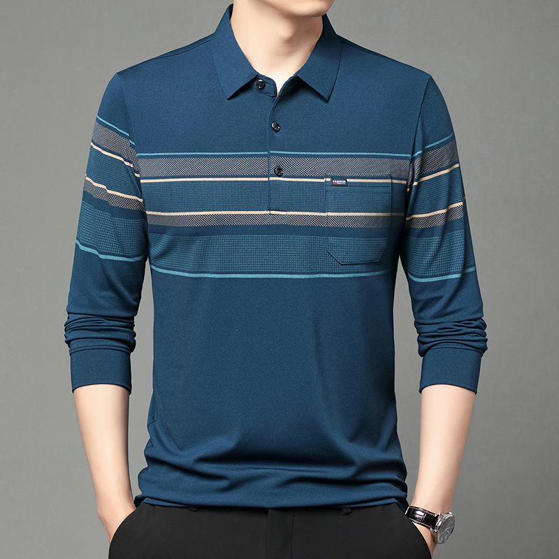 Vyriški ilgomis rankovėmis marškinėliai su rudens atvartu, polo marškinėliai, tėčio vidutinio amžiaus laisvalaikio senelio palaidinė su kišenėmis