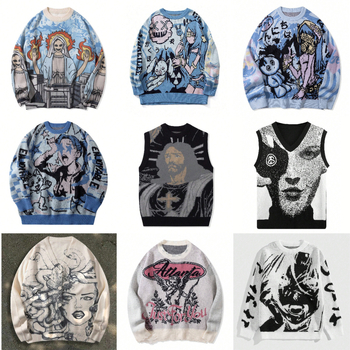 Európsky a americký cezhraničný sveter pre mužov a ženy, jesenná módna značka, okrúhly výstrih, anime, voľné pletené oblečenie pre mužov a ženy, párové tmavé graffiti