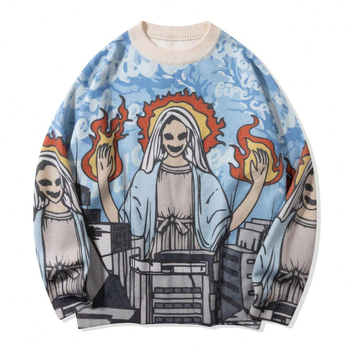Európsky a americký cezhraničný sveter pre mužov a ženy, jesenná módna značka, okrúhly výstrih, anime, voľné pletené oblečenie pre mužov a ženy, párové tmavé graffiti