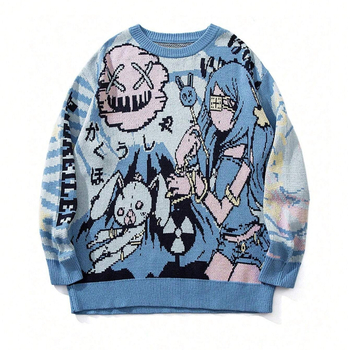 Európsky a americký cezhraničný sveter pre mužov a ženy, jesenná módna značka, okrúhly výstrih, anime, voľné pletené oblečenie pre mužov a ženy, párové tmavé graffiti