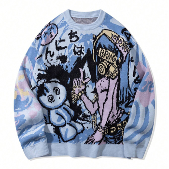 Európsky a americký cezhraničný sveter pre mužov a ženy, jesenná módna značka, okrúhly výstrih, anime, voľné pletené oblečenie pre mužov a ženy, párové tmavé graffiti
