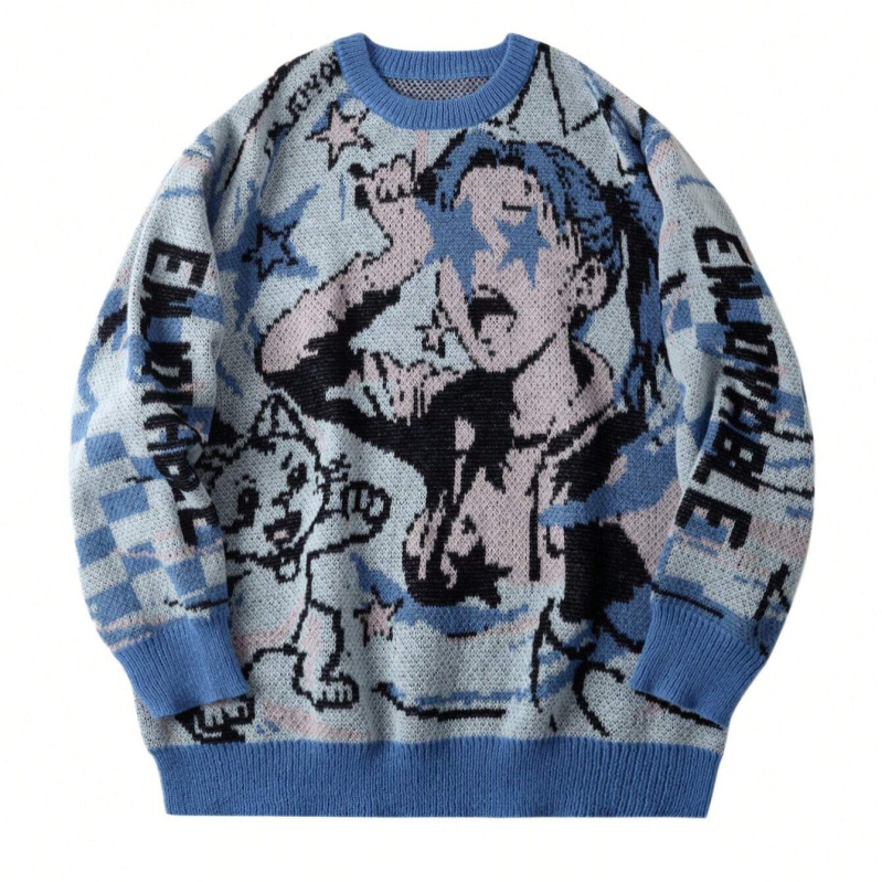 Európsky a americký cezhraničný sveter pre mužov a ženy, jesenná módna značka, okrúhly výstrih, anime, voľné pletené oblečenie pre mužov a ženy, párové tmavé graffiti