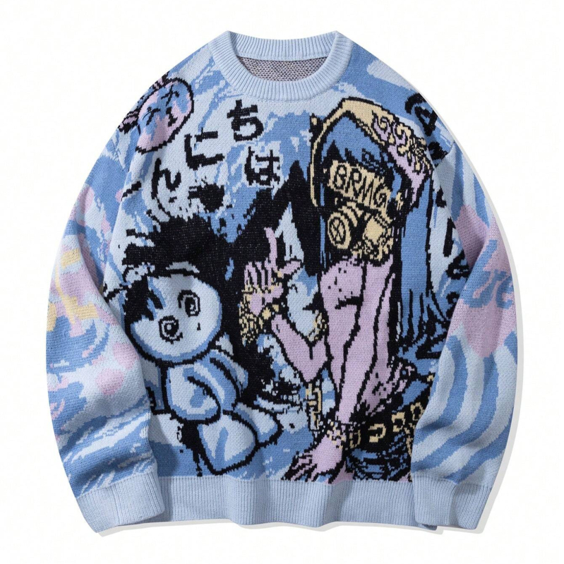 Európsky a americký cezhraničný sveter pre mužov a ženy, jesenná módna značka, okrúhly výstrih, anime, voľné pletené oblečenie pre mužov a ženy, párové tmavé graffiti