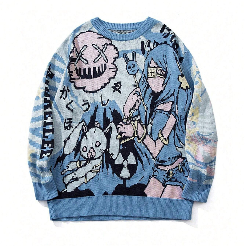 Európsky a americký cezhraničný sveter pre mužov a ženy, jesenná módna značka, okrúhly výstrih, anime, voľné pletené oblečenie pre mužov a ženy, párové tmavé graffiti