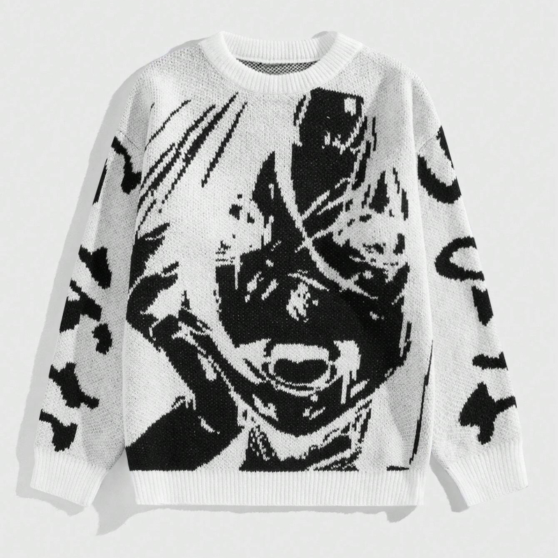 Európsky a americký cezhraničný sveter pre mužov a ženy, jesenná módna značka, okrúhly výstrih, anime, voľné pletené oblečenie pre mužov a ženy, párové tmavé graffiti