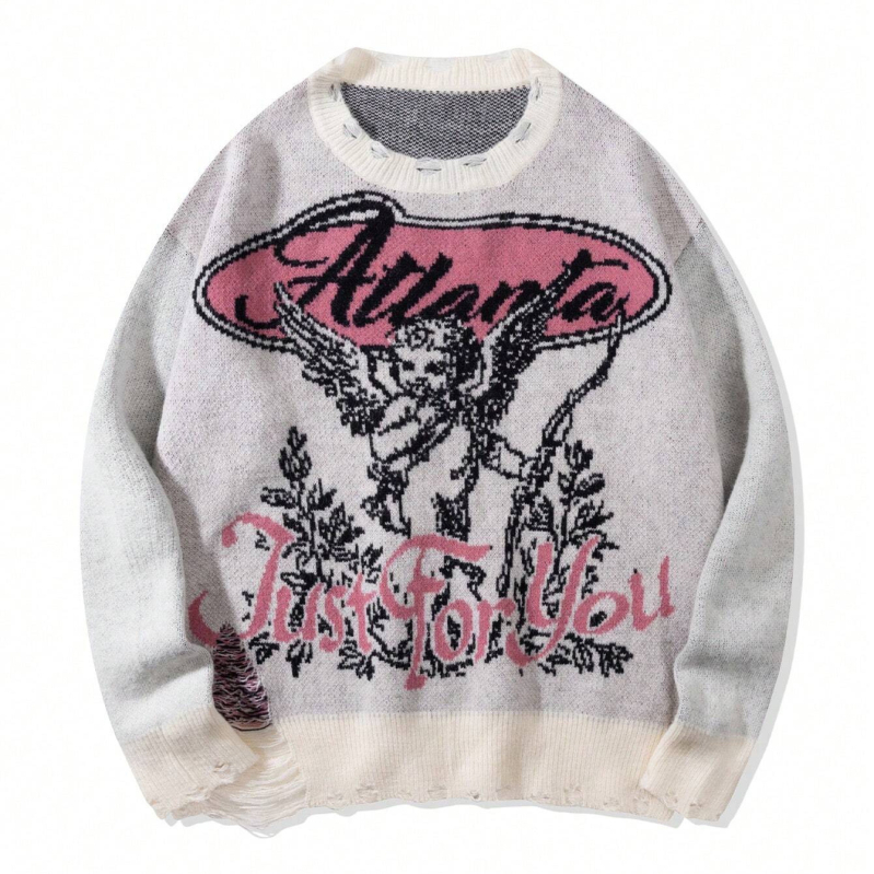 Európsky a americký cezhraničný sveter pre mužov a ženy, jesenná módna značka, okrúhly výstrih, anime, voľné pletené oblečenie pre mužov a ženy, párové tmavé graffiti