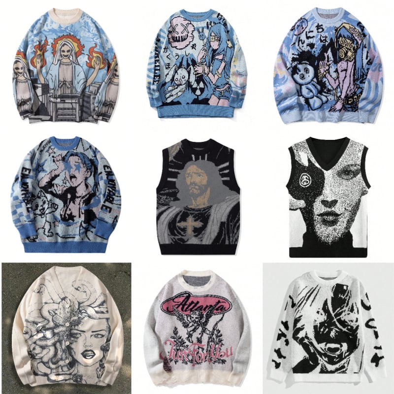 Európsky a americký cezhraničný sveter pre mužov a ženy, jesenná módna značka, okrúhly výstrih, anime, voľné pletené oblečenie pre mužov a ženy, párové tmavé graffiti