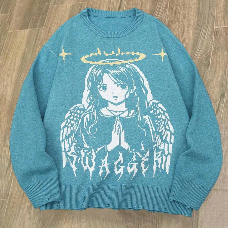 Európsky a americký cezhraničný sveter pre mužov a ženy, jesenná módna značka, okrúhly výstrih, anime, voľné pletené oblečenie pre mužov a ženy, párové tmavé graffiti