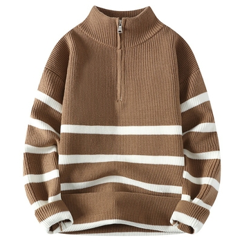 Pánsky sveter s polovičným rolákom a zipsom, pruhovaný, jeseň a zima 2024, nový voľný pulóver, základný sveter pre chlapcov, módna značka