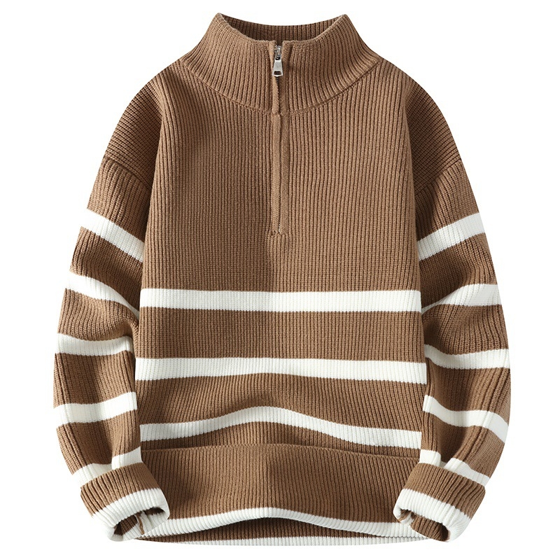 Pánsky sveter s polovičným rolákom a zipsom, pruhovaný, jeseň a zima 2024, nový voľný pulóver, základný sveter pre chlapcov, módna značka