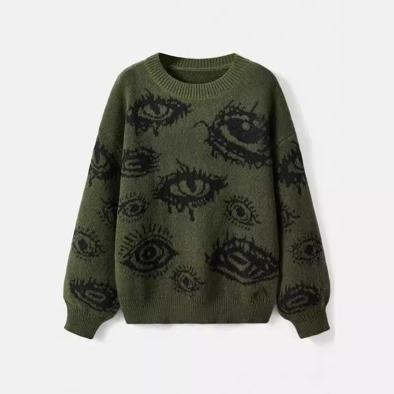 Tricotaje la modă cu mânecă lungă, personalizate, cu guler rotund și multi-ochi, toamna și iarna 2025, în Europa și America, cu model jacquard, en-gros