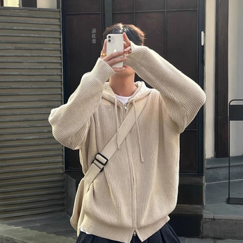 Jachetă tricotată cu glugă și fermoar dublu pentru bărbați 2024 toamnă stil coreean stil la modă leneș stil versatil pentru cupluri top