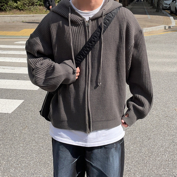 Jachetă tricotată cu glugă și fermoar dublu pentru bărbați 2024 toamnă stil coreean stil la modă leneș stil versatil pentru cupluri top