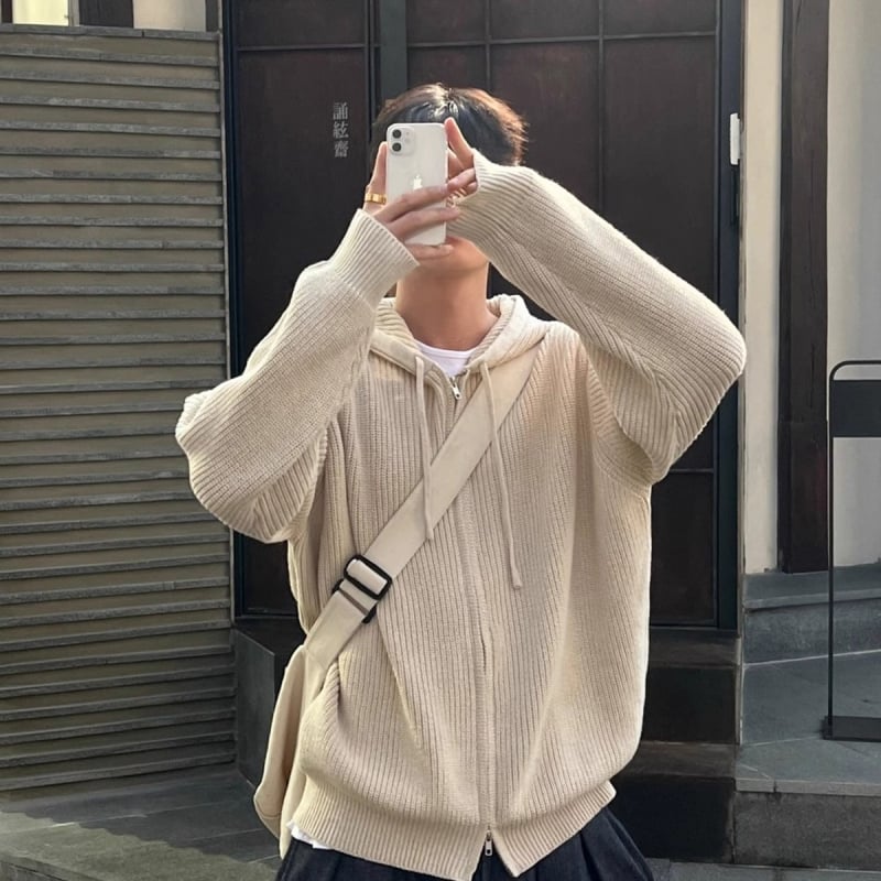 Jachetă tricotată cu glugă și fermoar dublu pentru bărbați 2024 toamnă stil coreean stil la modă leneș stil versatil pentru cupluri top