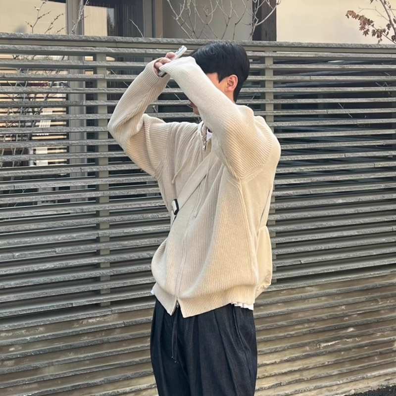 Jachetă tricotată cu glugă și fermoar dublu pentru bărbați 2024 toamnă stil coreean stil la modă leneș stil versatil pentru cupluri top