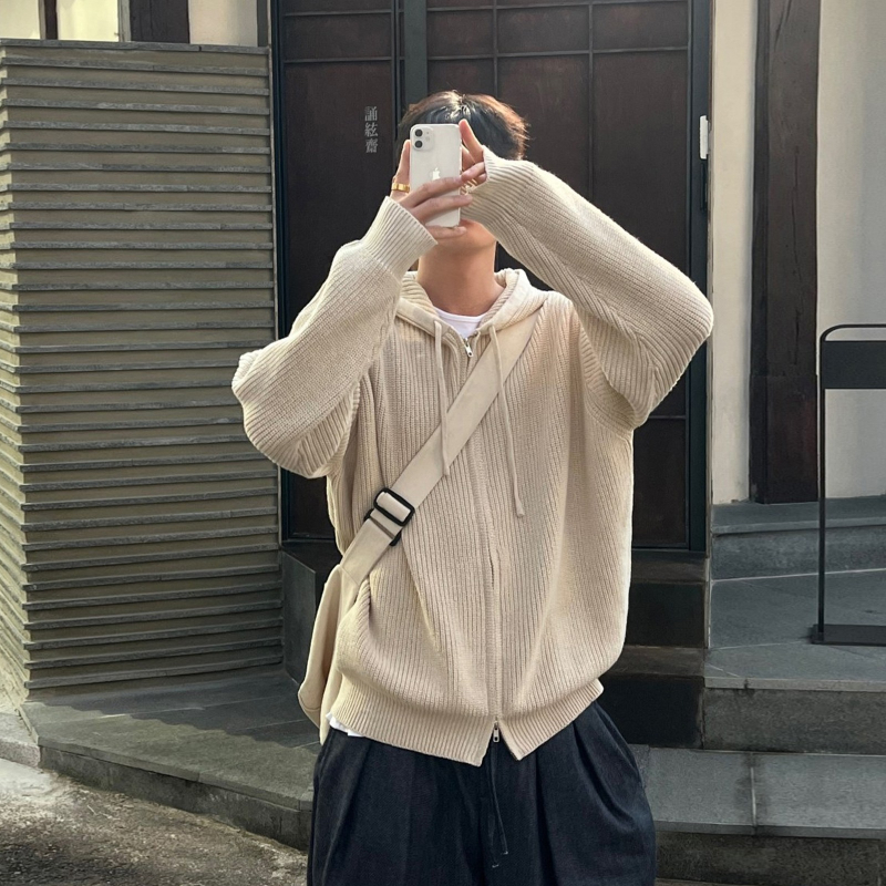 Jachetă tricotată cu glugă și fermoar dublu pentru bărbați 2024 toamnă stil coreean stil la modă leneș stil versatil pentru cupluri top