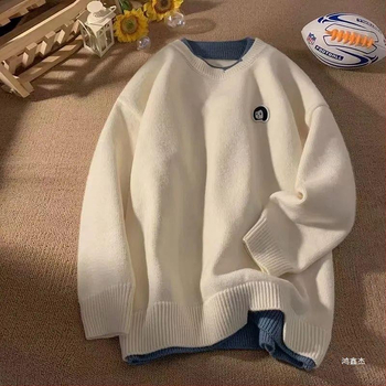 Винтидж нов фалшив пуловер от две части, модерен, универсален, малък, свеж стил, бродиран, за мъже и жени, свободен, мързелив плетен пуловер