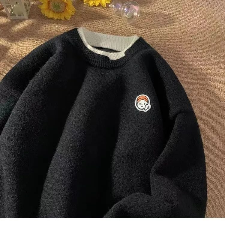 Винтидж нов фалшив пуловер от две части, модерен, универсален, малък, свеж стил, бродиран, за мъже и жени, свободен, мързелив плетен пуловер