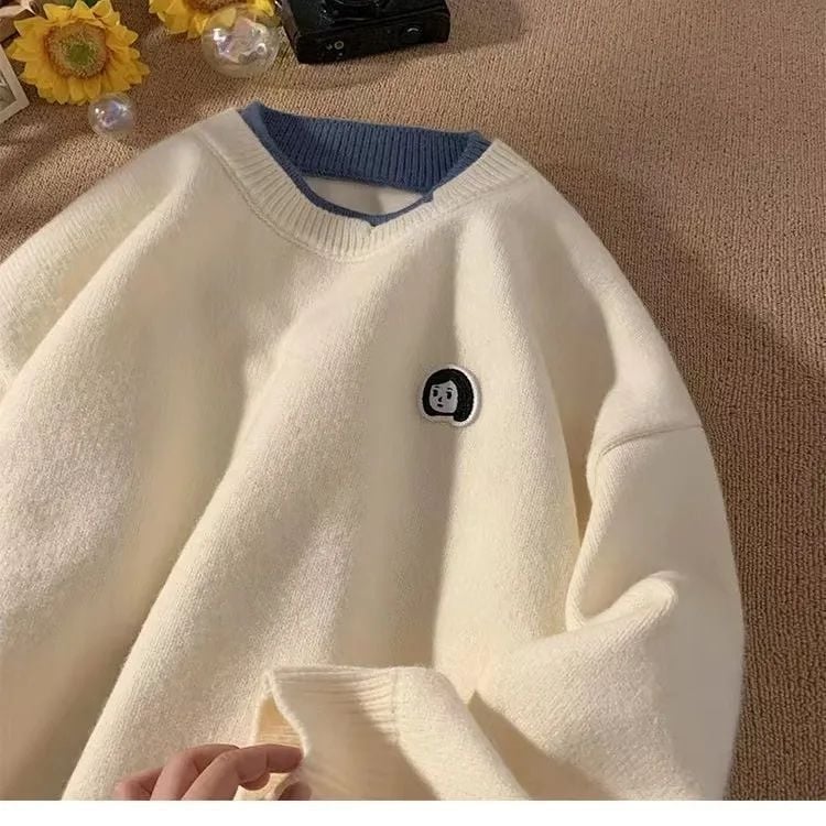 Винтидж нов фалшив пуловер от две части, модерен, универсален, малък, свеж стил, бродиран, за мъже и жени, свободен, мързелив плетен пуловер