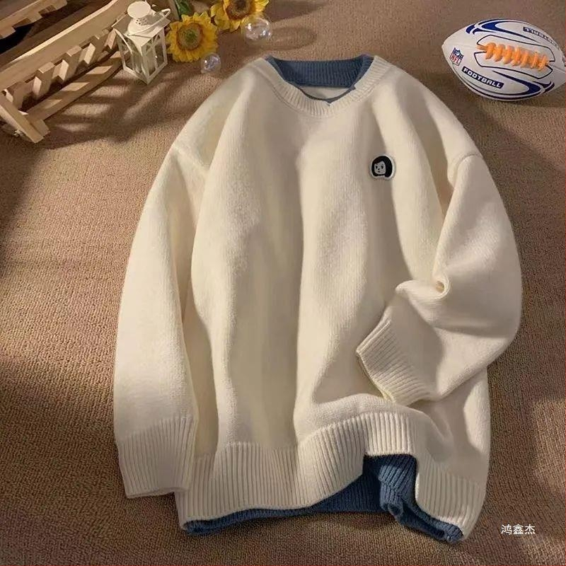 Vintage nový falošný dvojdielny sveter pre páry, trendy, všestranný, malý, svieži štýl, vyšívaný, pánsky a dámsky, voľný, lenivý pletený sveter